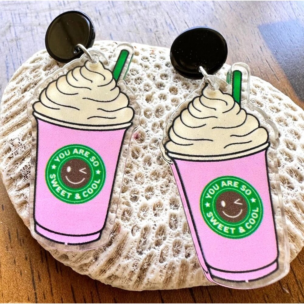 Cappuccino Coffee Earrings Pink Pup Cup Boat Drinks Cruise Vacation Sweet Cool